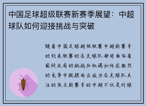 中国足球超级联赛新赛季展望：中超球队如何迎接挑战与突破