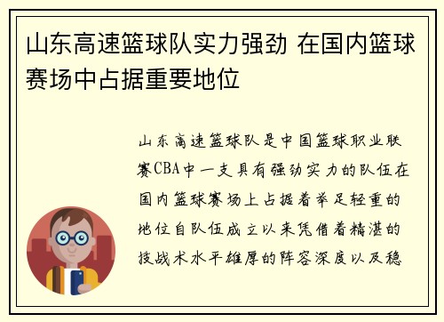 山东高速篮球队实力强劲 在国内篮球赛场中占据重要地位
